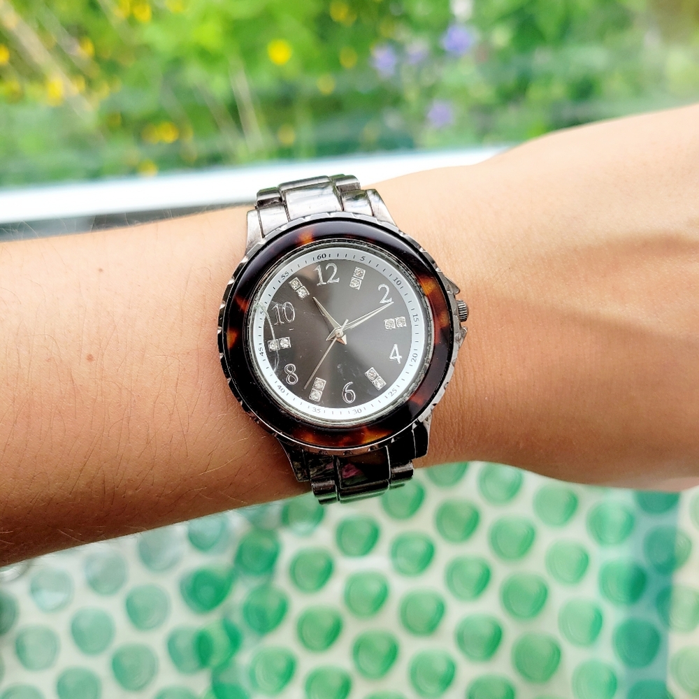 Classic Rhinestone Black Tortoise Shell Watch - image 1